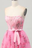 Pink Flower Strapless Corset A Line Short Homecoming Dress