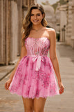 A Line Pink Flower Strapless Printed Corset Short Homecoming Dress