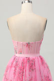 Pink Flower Strapless Corset A Line Short Homecoming Dress