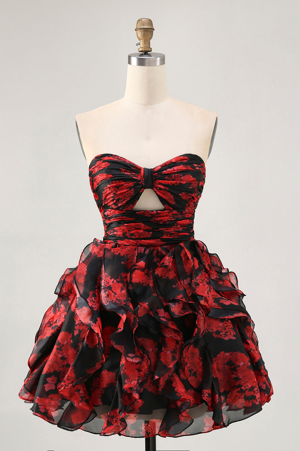 WEDTREND Women Strapless Black Red Short Homecoming Dress with Ruffles Floral A-Line Cut Out Cocktail Dress WEDTREND Women Strapless Black Red Short Homecoming Dress with Ruffles Floral A-Line Cut Out Cocktail Dress