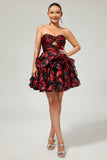 Strapless Black Red Floral A-Line Cut Out Short Homecoming Dress with Ruffles