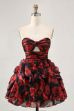 Strapless Black Red Floral A-Line Cut Out Short Homecoming Dress with Ruffles