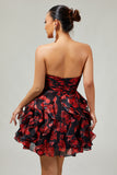 Strapless Black Red Floral A-Line Cut Out Short Homecoming Dress with Ruffles