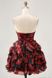 Strapless Black Red Floral A-Line Cut Out Short Homecoming Dress with Ruffles