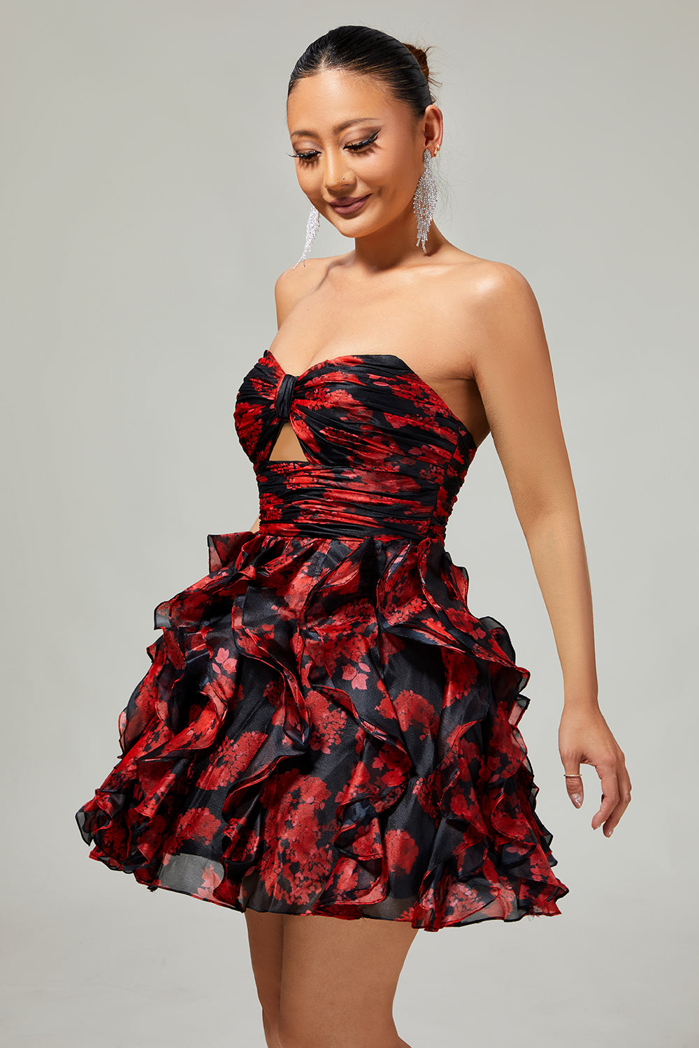 WEDTREND Women Strapless Black Red Short Homecoming Dress with Ruffles Floral A-Line Cut Out Cocktail Dress WEDTREND Women Strapless Black Red Short Homecoming Dress with Ruffles Floral A-Line Cut Out Cocktail Dress