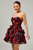Strapless Black Red Floral A-Line Cut Out Short Homecoming Dress with Ruffles