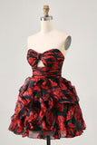 Strapless Black Red Floral A-Line Cut Out Short Homecoming Dress with Ruffles