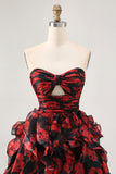 Strapless Black Red Floral A-Line Cut Out Short Homecoming Dress with Ruffles
