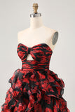 Strapless Black Red Floral A-Line Cut Out Short Homecoming Dress with Ruffles