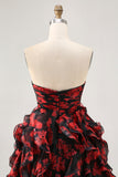 Strapless Black Red Floral A-Line Cut Out Short Homecoming Dress with Ruffles