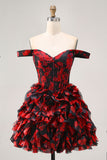Black Red Off The Shoulder A-Line Printed Homecoming Dress with Beading