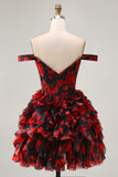 Black Red Off The Shoulder A-Line Printed Homecoming Dress with Beading