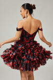 Black Red Off The Shoulder A-Line Printed Homecoming Dress with Beading