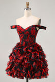 Black Red Off The Shoulder A-Line Printed Homecoming Dress with Beading