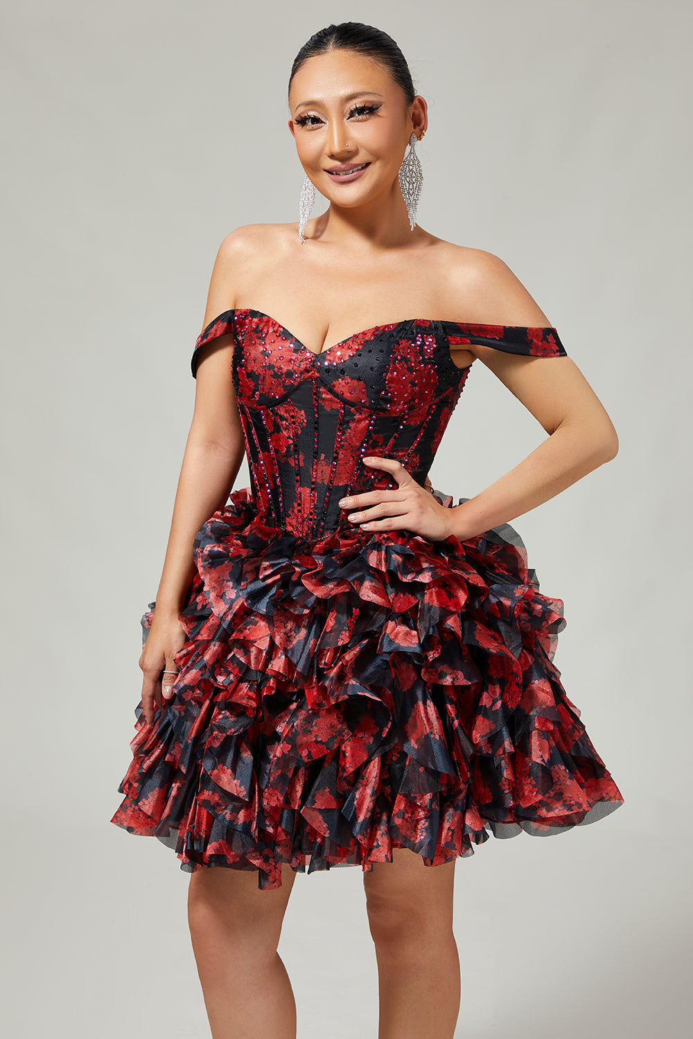 WEDTREND Women Black Red Homecoming Dress with Beading Off The Shoulder A-Line Printed Floral Cocktail Dress, Black Red / US12
