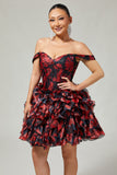 Black Red Off The Shoulder A-Line Printed Homecoming Dress with Beading