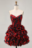 Black Red Off The Shoulder A-Line Printed Homecoming Dress with Beading