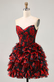 Black Red Off The Shoulder A-Line Printed Homecoming Dress with Beading