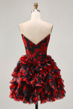Black Red Off The Shoulder A-Line Printed Homecoming Dress with Beading