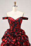Black Red Off The Shoulder A-Line Printed Homecoming Dress with Beading