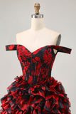 Black Red Off The Shoulder A-Line Printed Homecoming Dress with Beading
