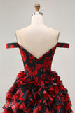 Black Red Off The Shoulder A-Line Printed Homecoming Dress with Beading