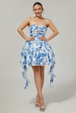 White Blue Flower A-Line Halter Cut Out Short Homecoming Dress with Pearls