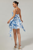 White Blue Flower A-Line Halter Cut Out Short Homecoming Dress with Pearls