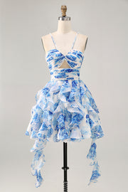 White Blue Flower A-Line Halter Cut Out Short Homecoming Dress with Pearls