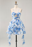 White Blue Flower A-Line Halter Cut Out Short Homecoming Dress with Pearls
