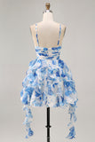 White Blue Flower A-Line Halter Cut Out Short Homecoming Dress with Pearls