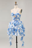 White Blue Flower A-Line Halter Cut Out Short Homecoming Dress with Pearls