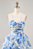 White Blue Flower A-Line Halter Cut Out Short Homecoming Dress with Pearls