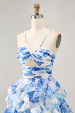 White Blue Flower A-Line Halter Cut Out Short Homecoming Dress with Pearls
