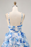 White Blue Flower A-Line Halter Cut Out Short Homecoming Dress with Pearls