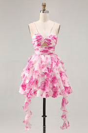 White Fuchsia Flower A-Line Halter Beaded Short Homecoming Dress with Pearls