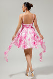 White Fuchsia Flower A-Line Halter Beaded Short Homecoming Dress with Pearls