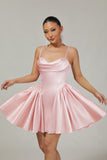 Blush A-Line Spaghetti Straps Cowl Neck Beaded Satin Homecoming Dress