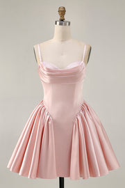 Blush A-Line Spaghetti Straps Cowl Neck Beaded Satin Homecoming Dress