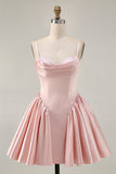 Blush A-Line Spaghetti Straps Cowl Neck Beaded Satin Homecoming Dress