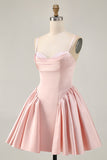 Blush A-Line Spaghetti Straps Cowl Neck Beaded Satin Homecoming Dress