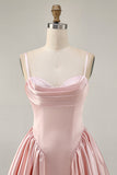 Blush A-Line Spaghetti Straps Cowl Neck Beaded Satin Homecoming Dress