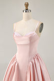 Blush A-Line Spaghetti Straps Cowl Neck Beaded Satin Homecoming Dress