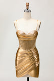 Golden Metallic Satin Ruched Bodycon Corset Homecoming Dress