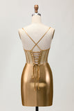 Golden Metallic Satin Ruched Bodycon Corset Homecoming Dress
