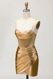 Golden Metallic Satin Ruched Bodycon Corset Homecoming Dress