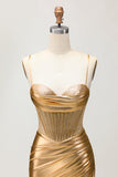 Golden Metallic Satin Ruched Bodycon Corset Homecoming Dress