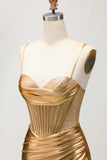 Golden Metallic Satin Ruched Bodycon Corset Homecoming Dress