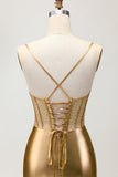 Golden Metallic Satin Ruched Bodycon Corset Homecoming Dress