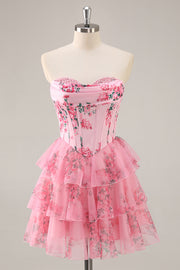 Pink A Line Strapless Tiered Floral Homecoming Dress